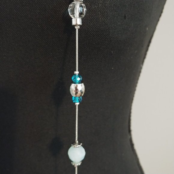 WHBM 60 inch SIlvertone Necklace with Silver, Blue and Clear Beads - Picture 6 of 8